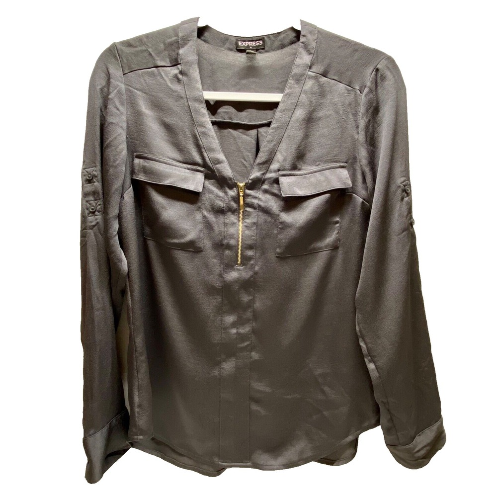 Express Zip Front Blouse Women's Small Grey Long Sleeve V-Neck Career Casual EUC